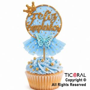 CAKE TOPPER FELIZ CUMPLEA�OS CIRCULO ORO CON TUL CELESTE